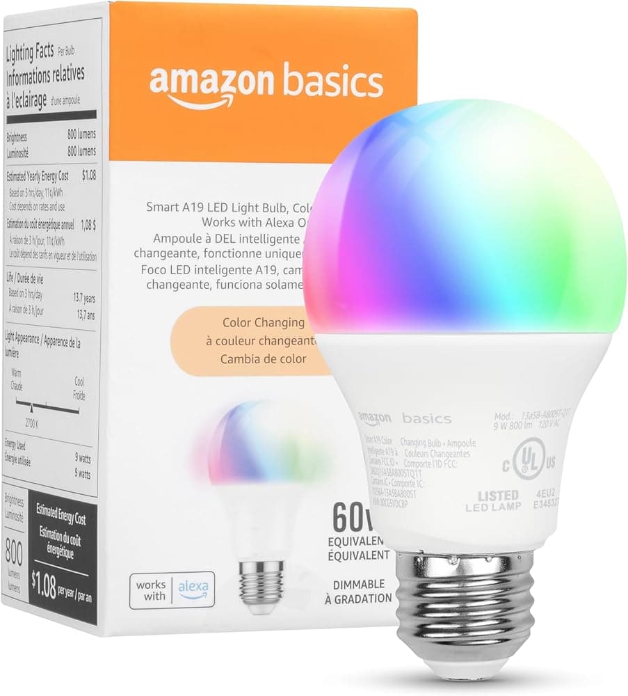 Amazon Basics Smart A19 LED Light Bulb, Color Changing