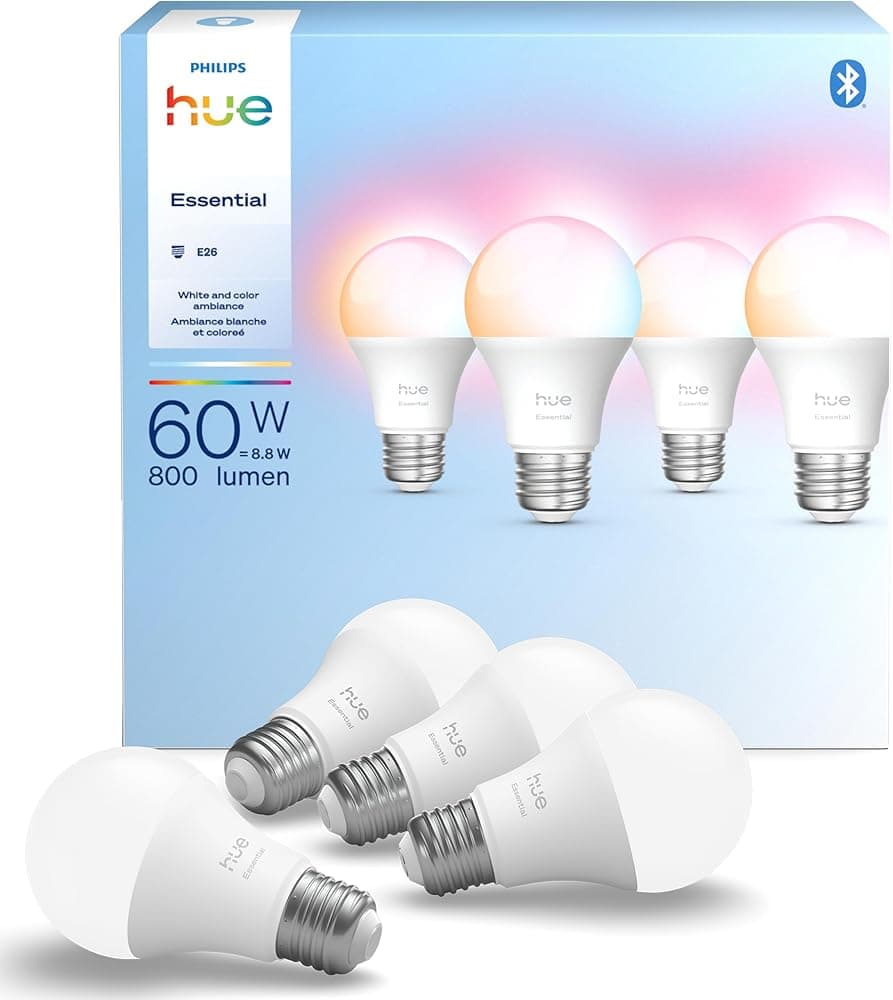 Philips Hue Essential Smart LED A19 Bulb, White and Color Ambiance, 4-Pack